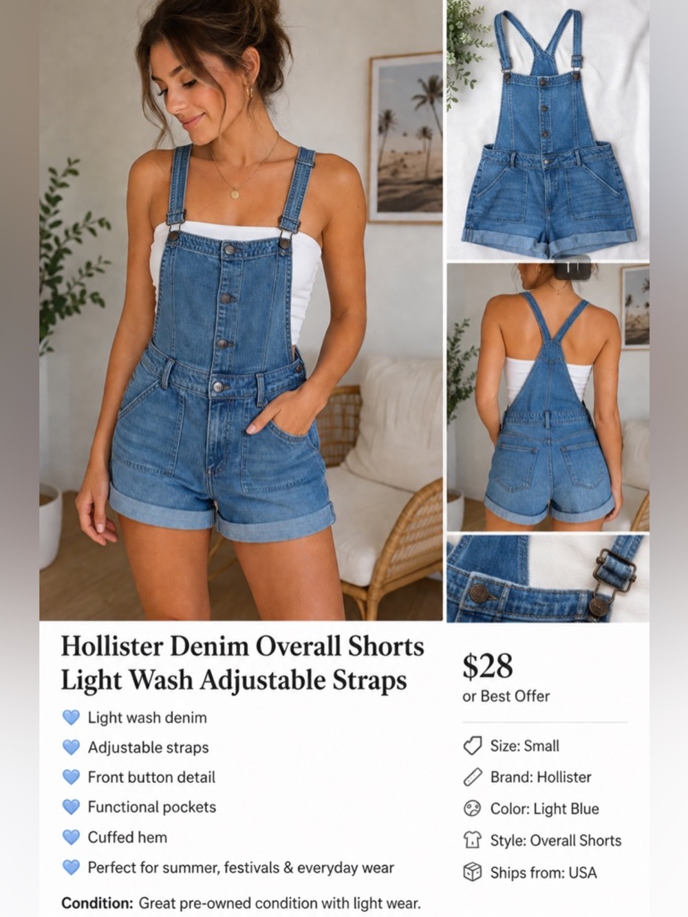 Hollister Denim Overall Shorts Light Wash Adjustable Straps Festival Casual